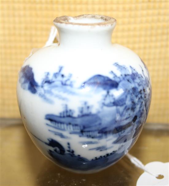 A Chinese miniature blue and white ovoid vase, possibly late Ming, Tianqi period, 6.5cm, unglazed rim